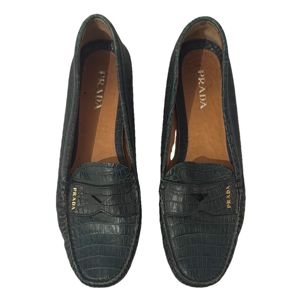 Prada Green Crocodile Embossed Loafers